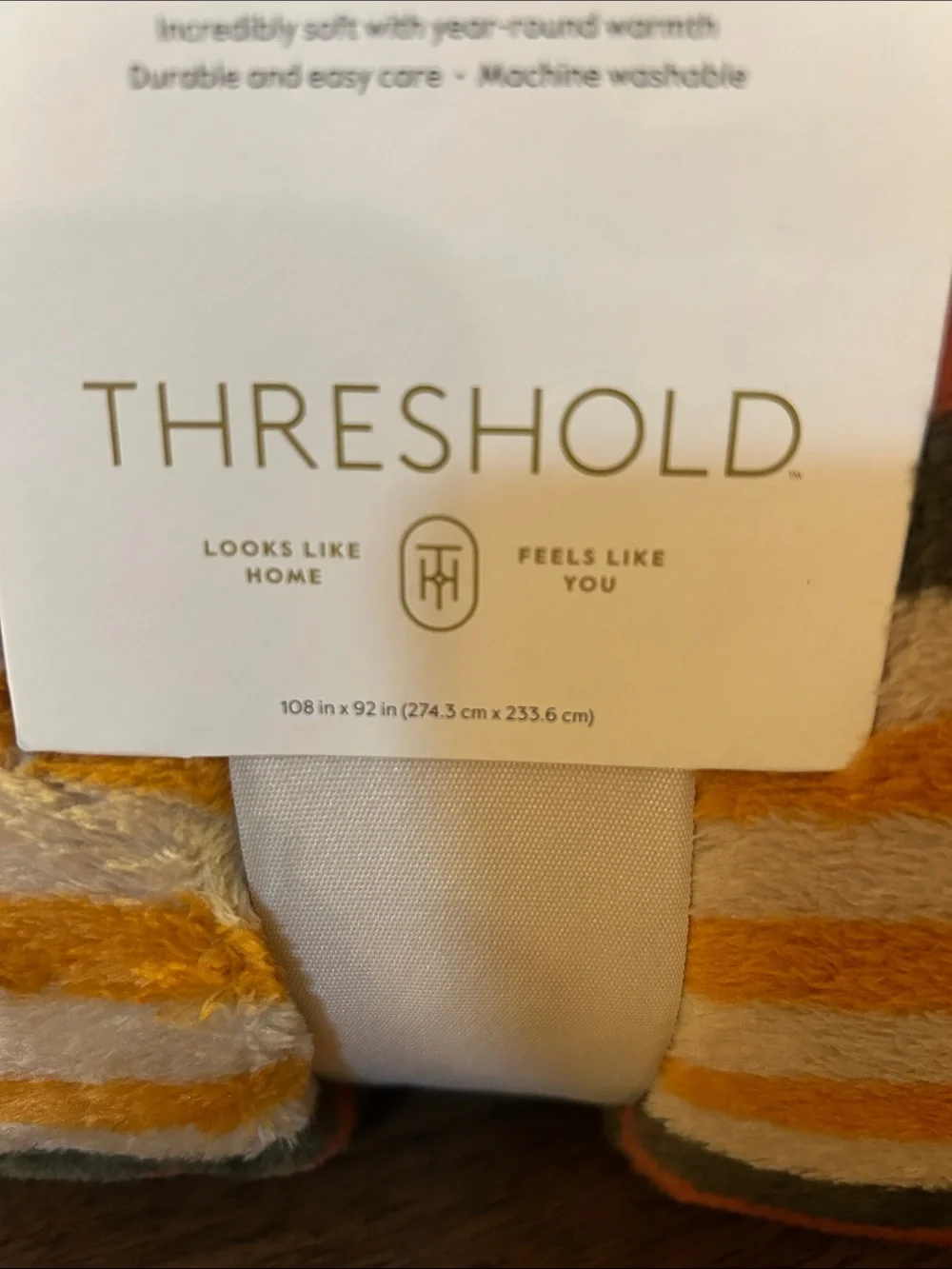 Threshold Microplush Blanket in Olive, Navy, Orange, White, and Gold Stripes